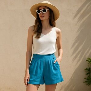 Vintage Deadstock 80s/90s Pleated Button-Front Turquoise Shorts S